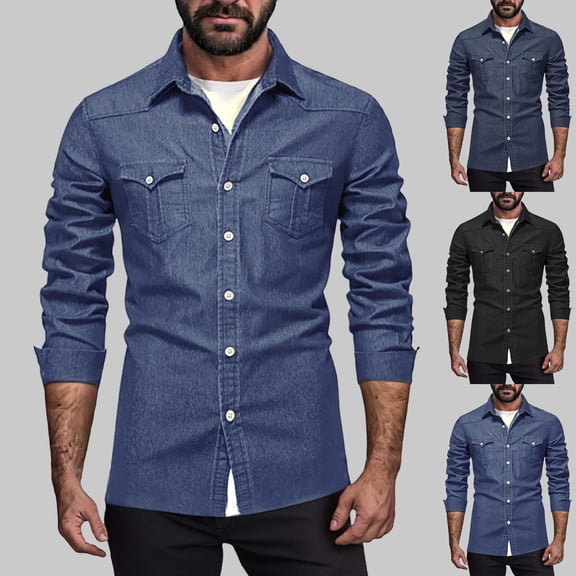 Men’s Long Sleeve Denim Shirt Jacket Lapel Solid Color Casual Spring Fall Top