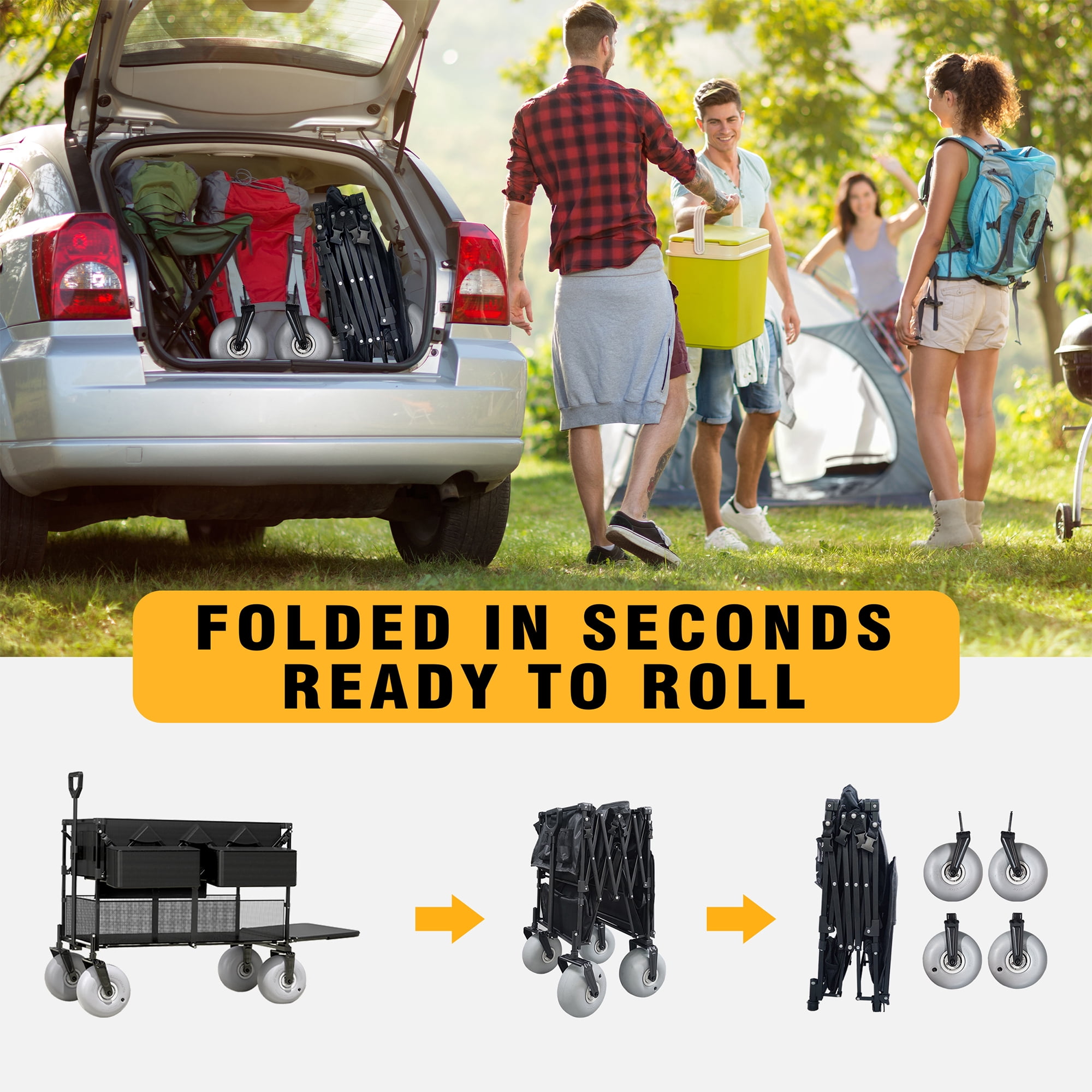 GDLF Beach Wagon, Double Decker Utility Cart with 500lb Capacity & 9" All-Terrain Balloon Tires, Collapsible Heavy Duty Buggy for Camping, Sports, Groceries