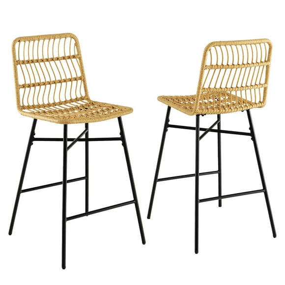 Costway Silla de Bar, Juego de Taburetes de 2 Piezas con Respaldo de Ratán & Reposapiés, Silla Alta Ergonómica con Marco de Hierro & Almohadillas Antideslizantes, para Comedor, Patio, Balcón
