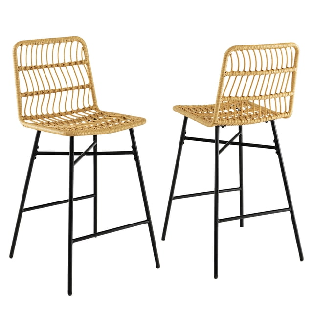 Costway Silla de Bar, Juego de Taburetes de 2 Piezas con Respaldo de Ratán & Reposapiés, Silla Alta Ergonómica con Marco de Hierro & Almohadillas Antideslizantes, para Comedor, Patio, Balcón