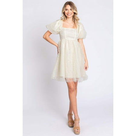 GeeGee Pearl Mesh Puff Sleeve Babydoll Dress for Women