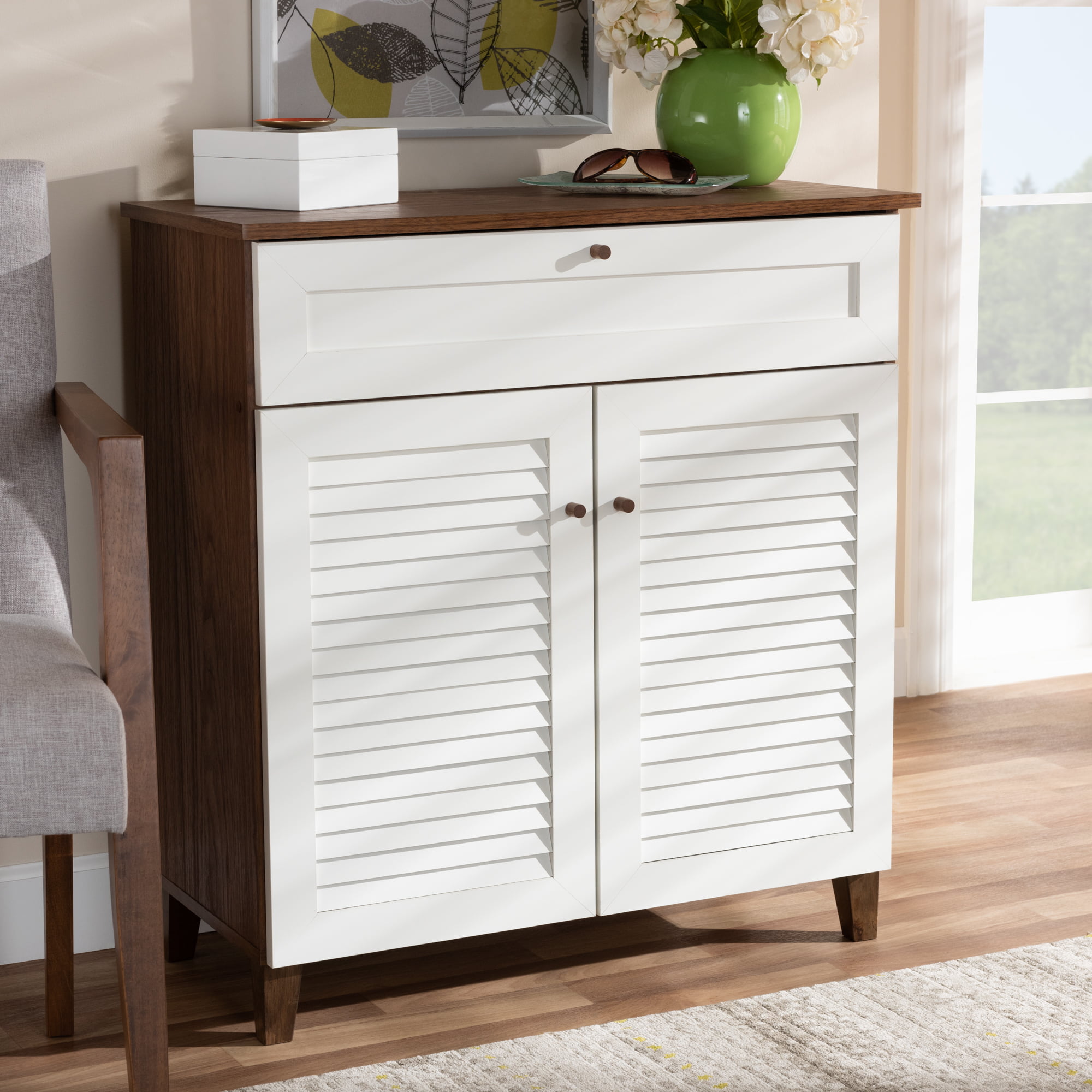 Wood Shoe Storage Cabinet With Drawer, Baxton Shoe Cabinet White