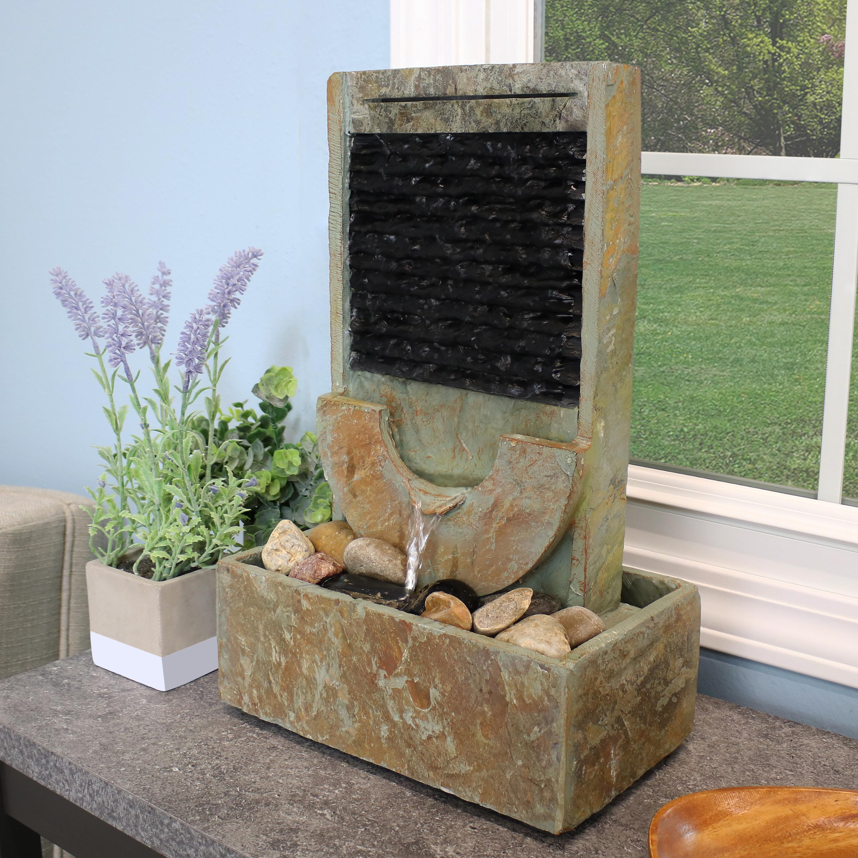 Sunnydaze Half Moon Natural Slate Indoor Tabletop Water Fountain Feature - 16