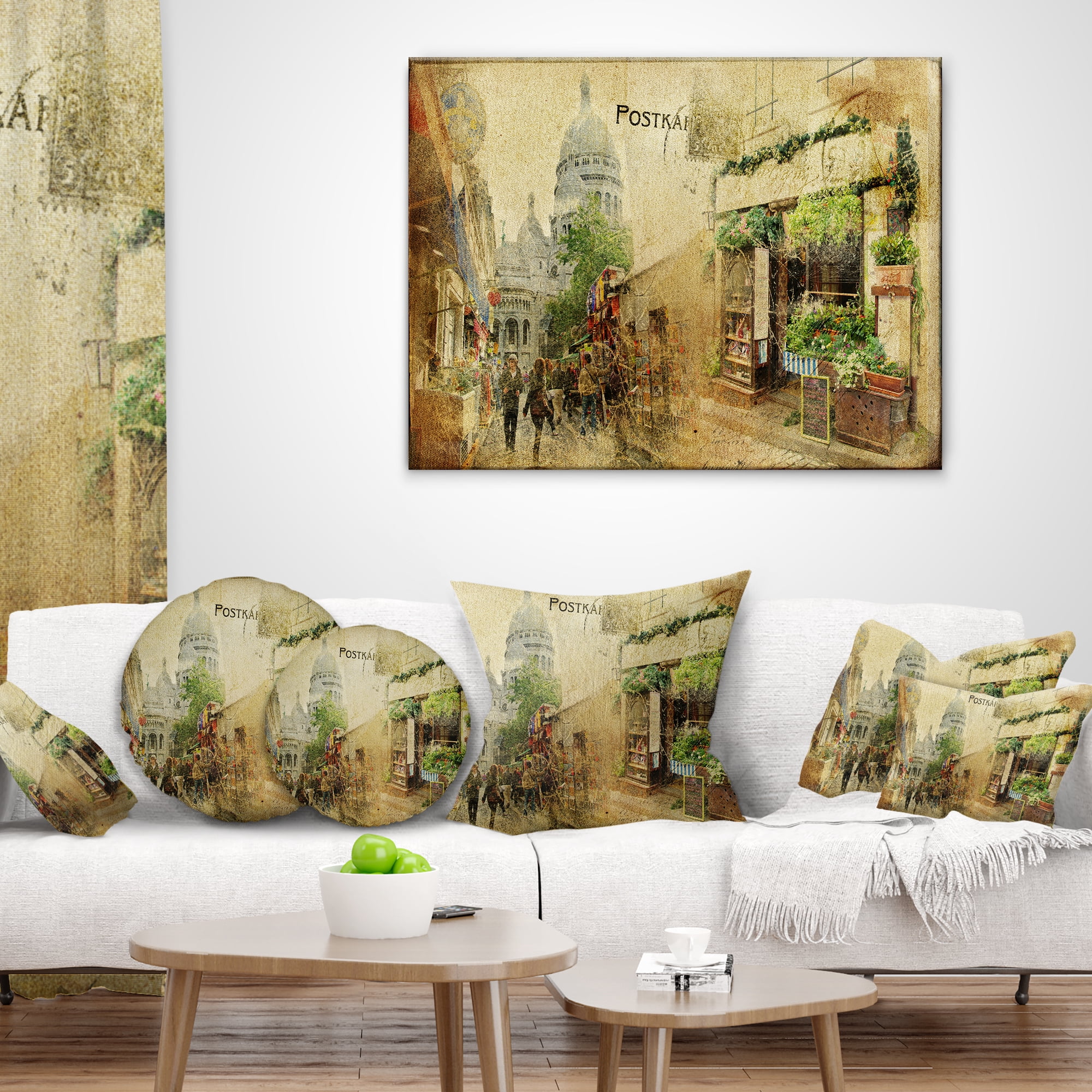 Designart Vintage Parisian Cards - Contemporary Throw Pillow - 18x18