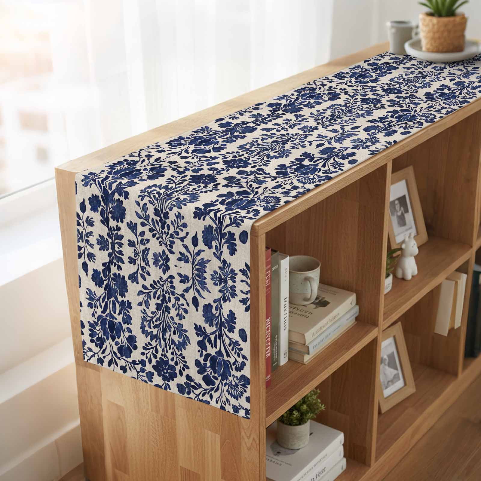 Blue Spring Floral 90 Inch Table Runner, Summer Botanical Farmhouse Rustic Farmhouse Dresser Scarf Cotton & Linen Tablerunner for Dining/Kitchen Island/Holiday Party Décor 13" x 90"