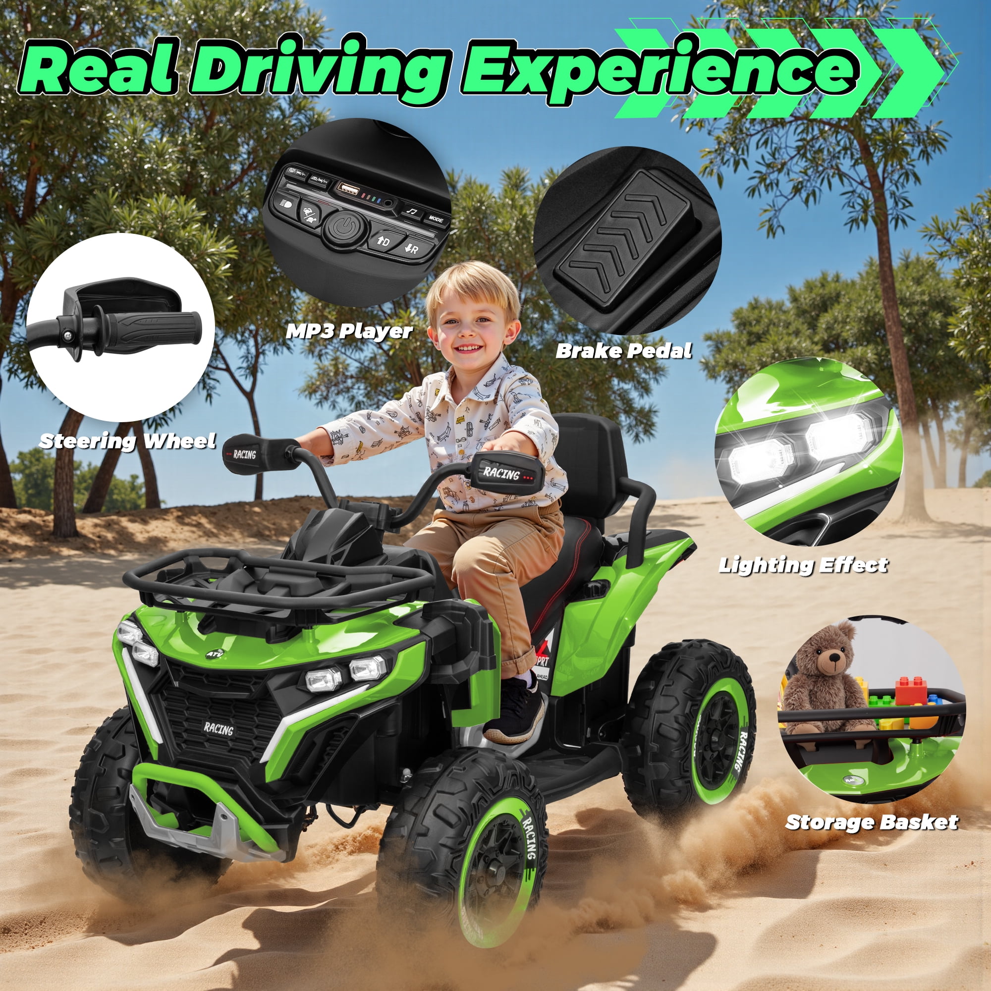 Jorfly 24V Ride on ATV Toys,Power ATV Wheels with Motor, Remote, Bluetooth Music, Horn, LED for Big Kids Gift,Green