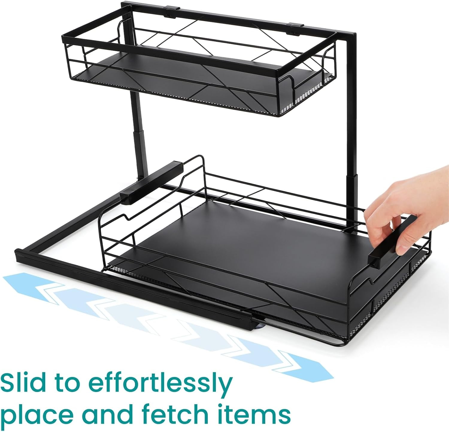 Pull Out Under Sink Organizer, 2 Tier Storage with Suction Cups, PVC Mat, Sliding Drawer, Metal Cleaning Supplies Shelf Cabinet Organizer for Kitchen, Laundry, Pantry, Bathroom