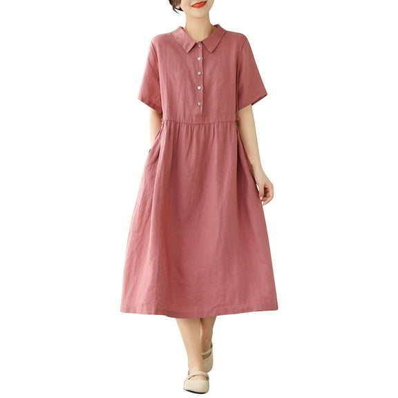 AherBiu Summer Dresses for Women Half Button Lapel V Neck Short Sleeve Casual Loose Lightweight Midi Dress