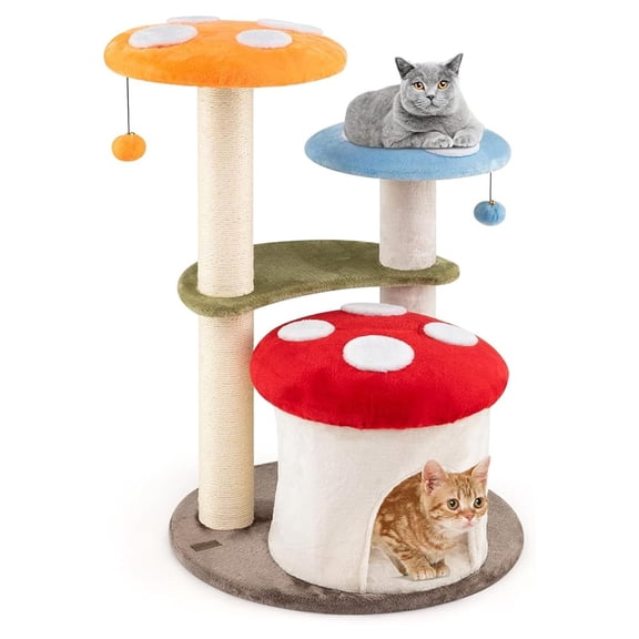 Mushroom Cat Tree 35 Inch - Multi-Level Cat Tower with Scratching Posts & Plush Perches