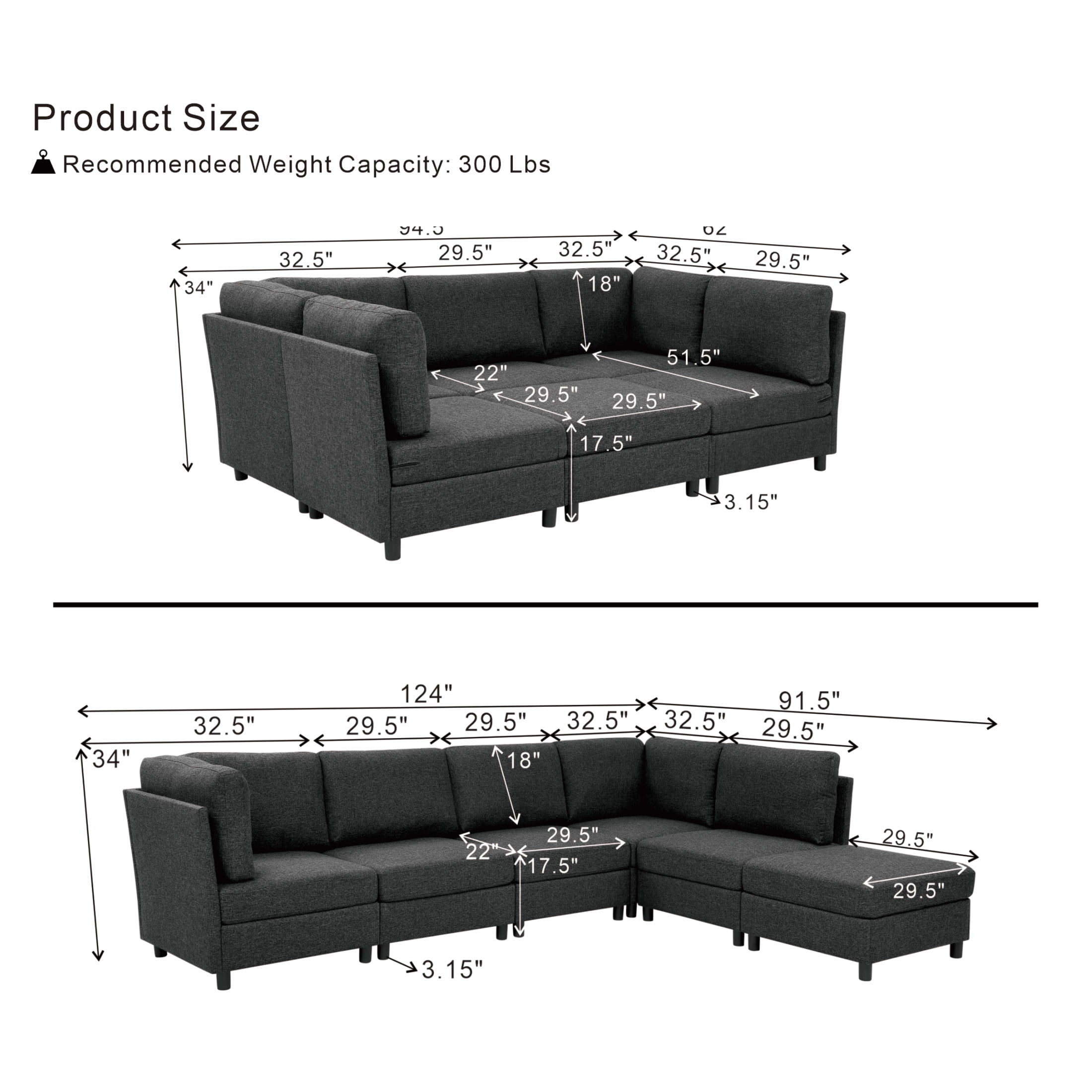 Noble House Modular Sectional Sofa with Convertible Ottoman, 6-Seat Corner Couch, Dark Gray
