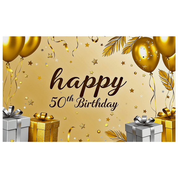 Golden Themed 50th Birthday Backdrop Banner with Balloons Stars and Gift Boxes Happy Birthday Party Supplies Photography Props Decors