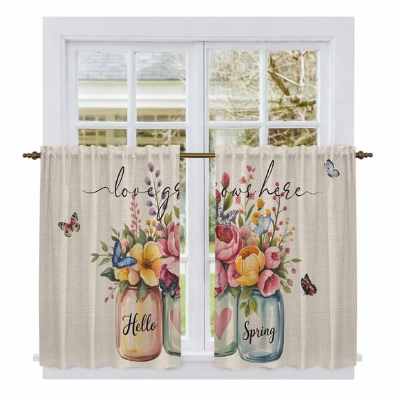 Farmhouse Flowers Kitchen Curtain for Berdoom Living Room Cafe 45 Inch Length, Spring Watercolor Floral Leaf on Linen Tiers Curtains Light Filtering Drapes Window Treatment 2 Panels 52"Wx45"L