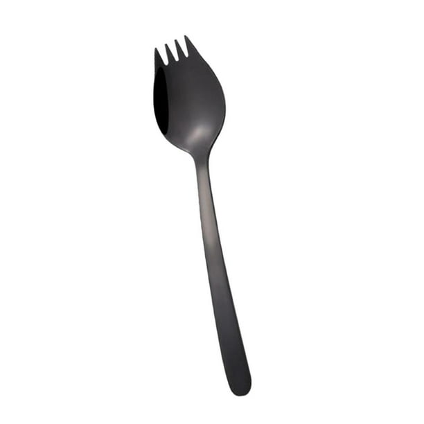 Cuchara-tenedor de mango largo para acampar, actividades al aire libre y picnic, de acero inoxidable. Negro