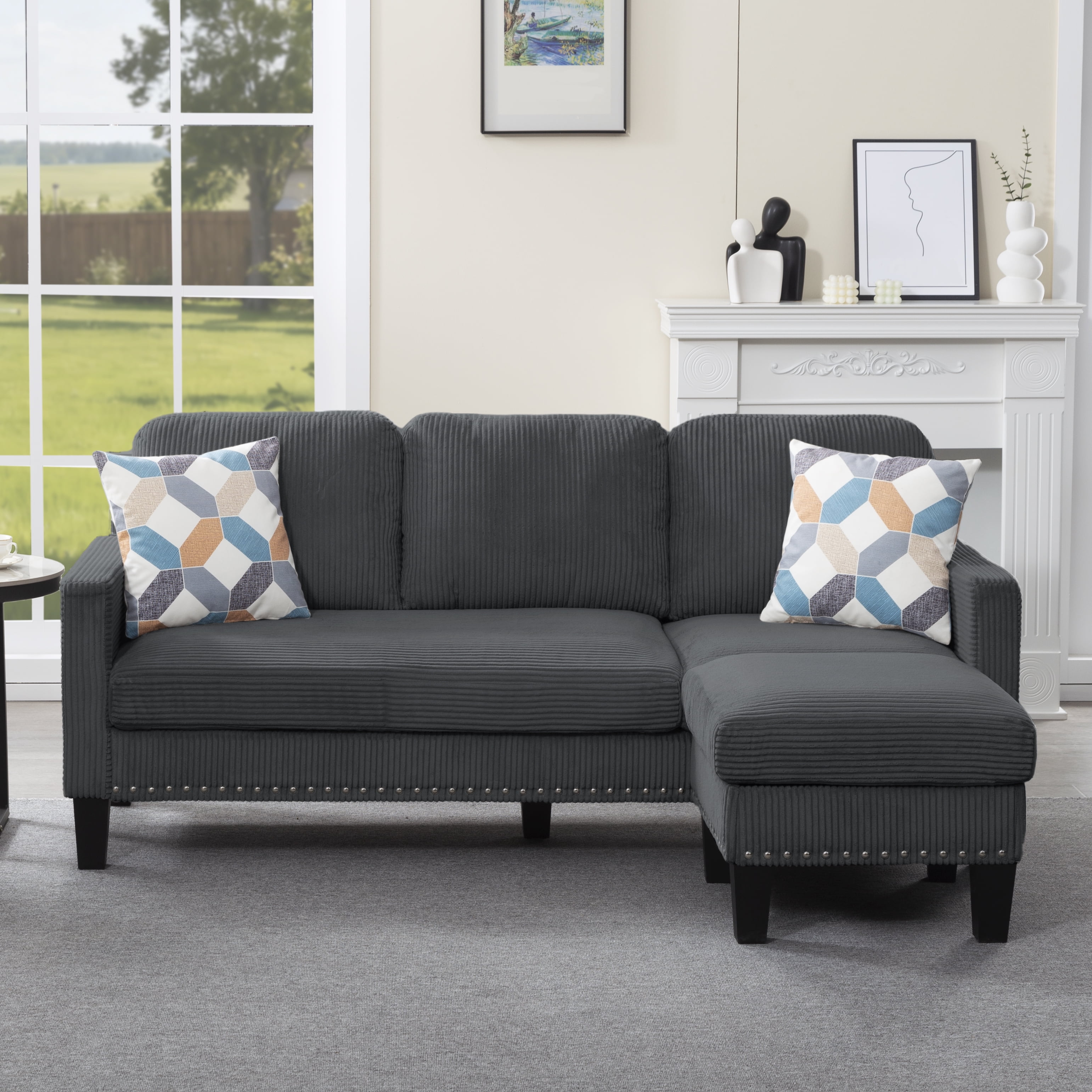 Gewnee 72.64"L-Shaped Sectional Sofa with Movable Ottoman,3-Seater Modern Reversible Chaise,Storage Pocket&Pillows,for Living Room,Office.Dark Grey