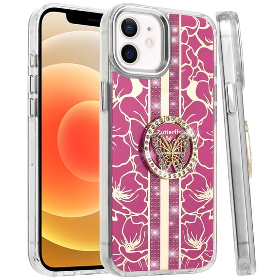 Case For Apple iPhone 12 /12 Pro Diamonds 3D Butterfly Floral Design Bling Sparkly Glitter Hybrid Metal Fashion with Ring Stand Phone Cover for iPhone 12 / iPhone 12 Pro Hot Pink