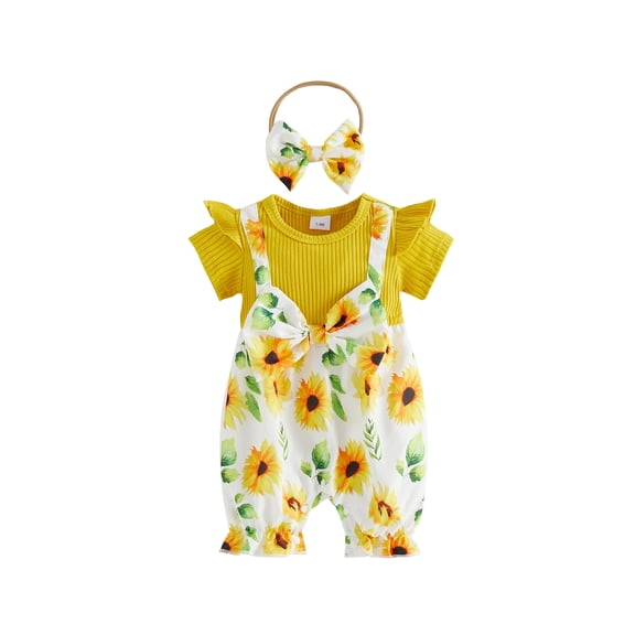 BemeyourBBs Toddler Baby Girl Summer Clothes Spring Fall Winter Romper Floral Print Patchwork Short Sleeve Fake Two-piece Jumpsuit with Headband Set 2 Piece Outfits