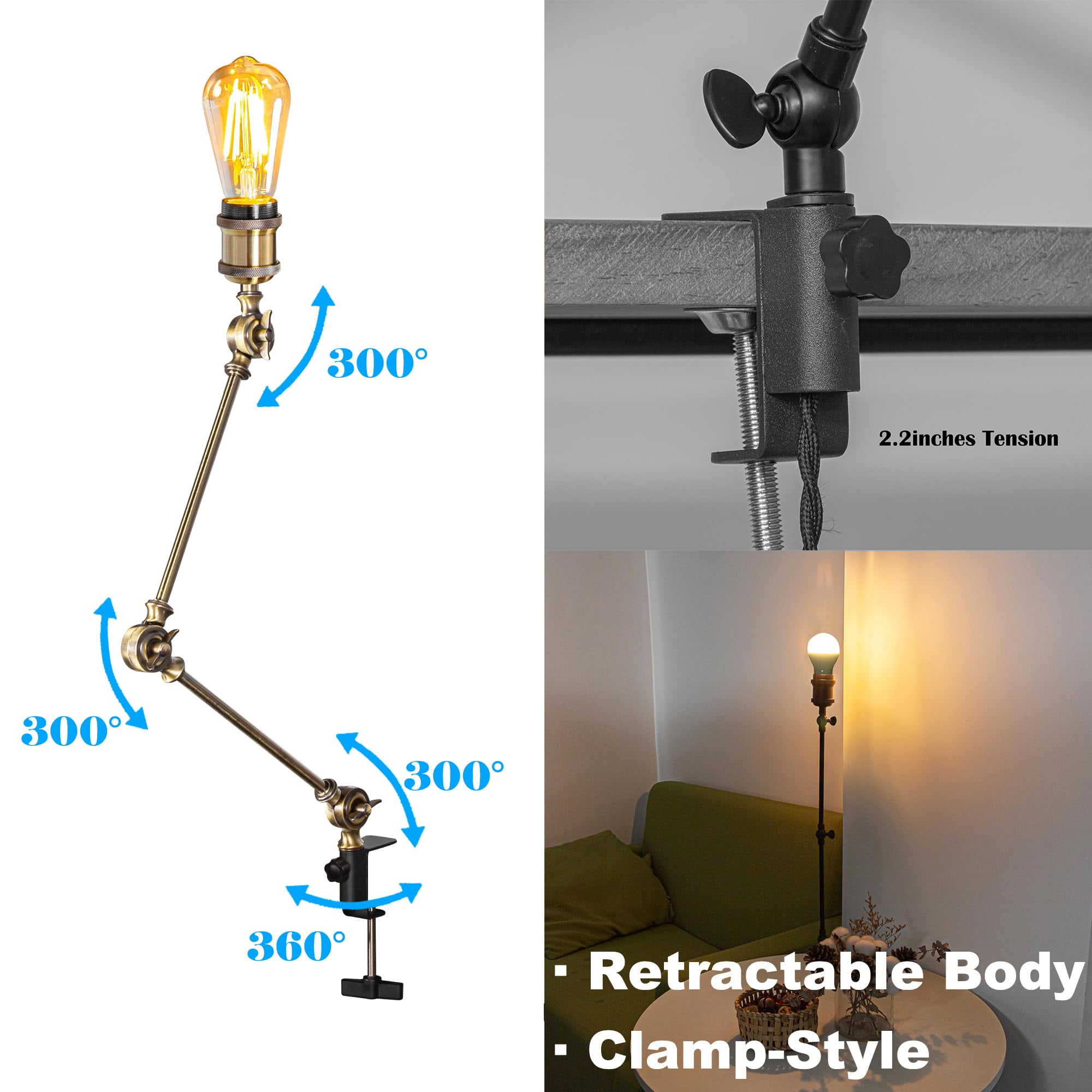 Kiven Industrial Clip-on Desk Lamp, 1-Light Iron Nightstand Lamp with Flexible Arm, 8.2FT Plug in Cord, Decorative Clamp Lamp for Office Home Bookshelf Bedside E26 Sokcet,Bronze