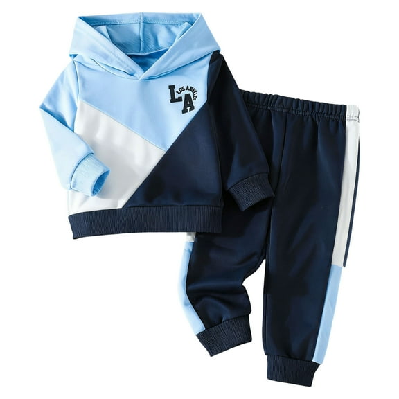 VNKIDY Boys Outfits Kids Children Fall Spring Color Block 2 Piece Outfit Long Sleeve Letter Prints Hoodie Elastic Waisted Loose Fit Pants Tracksuit For Outdoor Activities Cozy Outfits