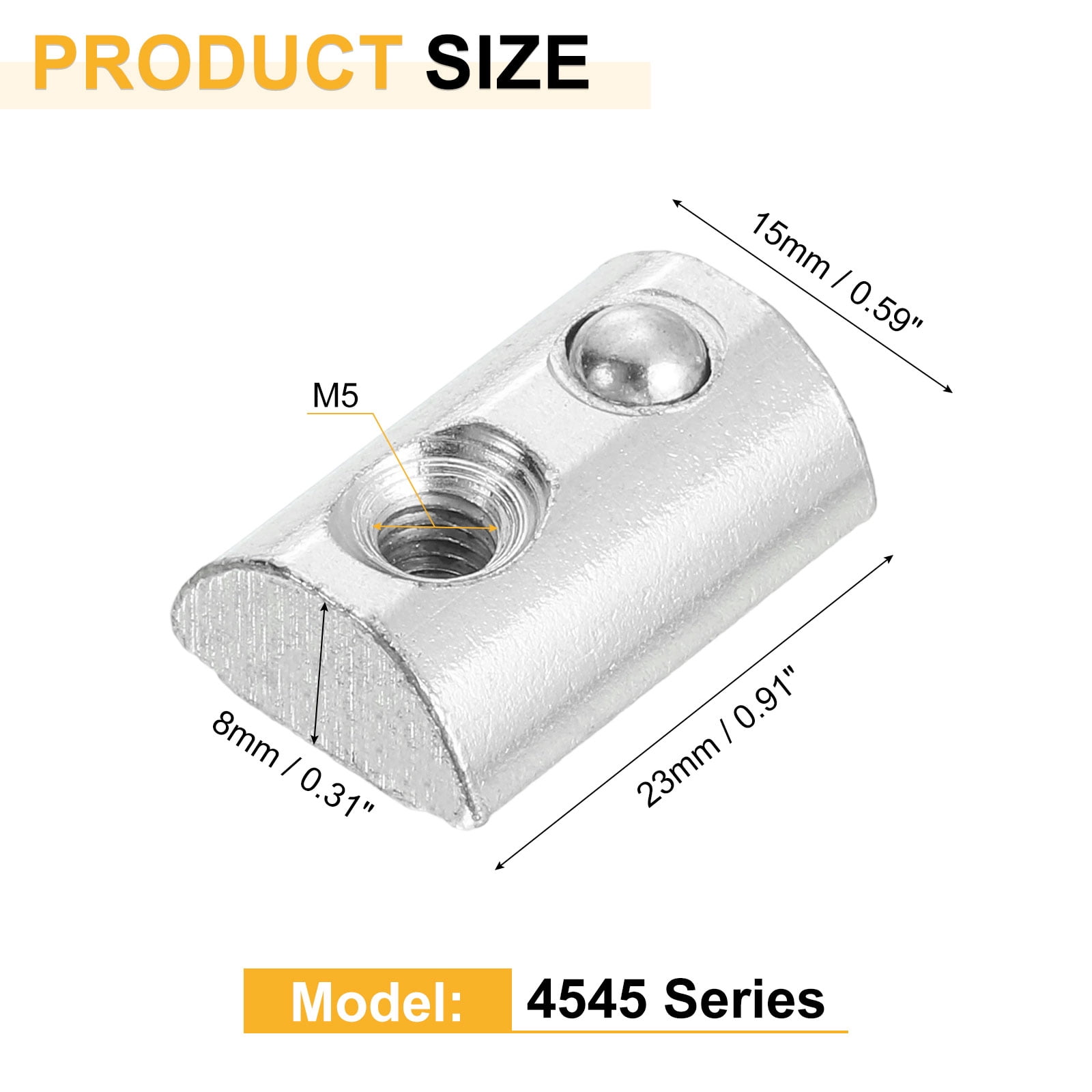 Uxcell M5 T Spring Nut, 50 Pack 4545 Series Half Round Roll in Spring Nut, Carbon Steel Nickel Plated Roll Ball Elastic Nut with Slot 10mm for 4545 Series Aluminum Extrusion Profile