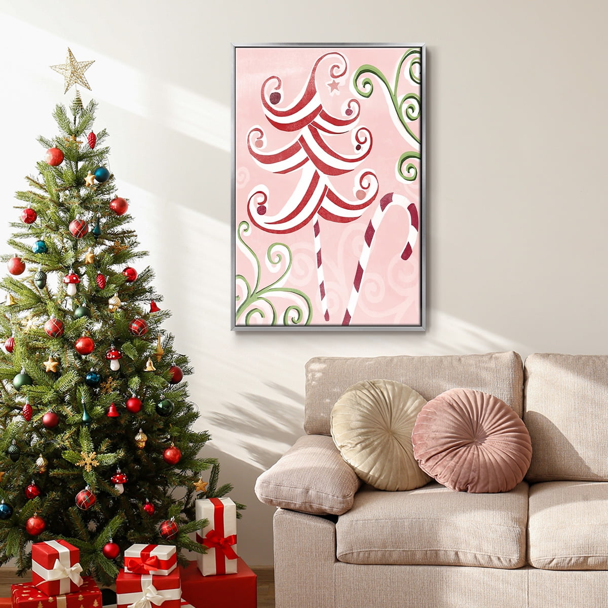 Candy Cane Holiday I - Framed Gallery Wrapped Holiday Canvas - 25 x 37 - Silver Frame