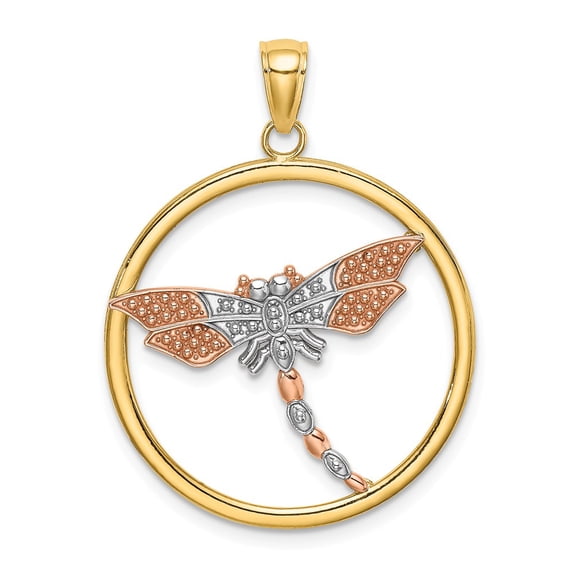 FB Jewels 14k Yellow White and Rose Three Color Gold Large Dragonfly Inside Round Frame - Tri-color High Polish and Text Pendant
