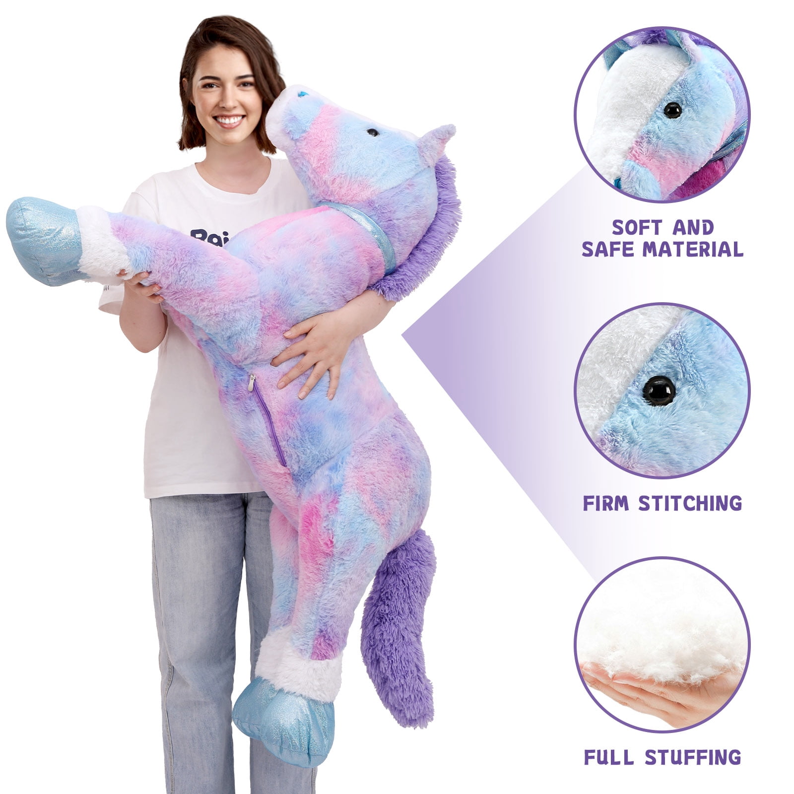Tezituor 47.5" Giant Horse Stuffed Animals Large Horse Plush Pillow with Tie-Dye Body Plush Toy