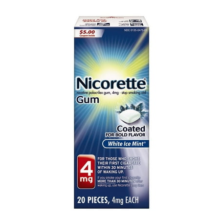 Nicotine Gum White Ice Mint 4 milligram Stop Smoking Aid 20 count, Nicorette Gum doubles your chances of quitting By