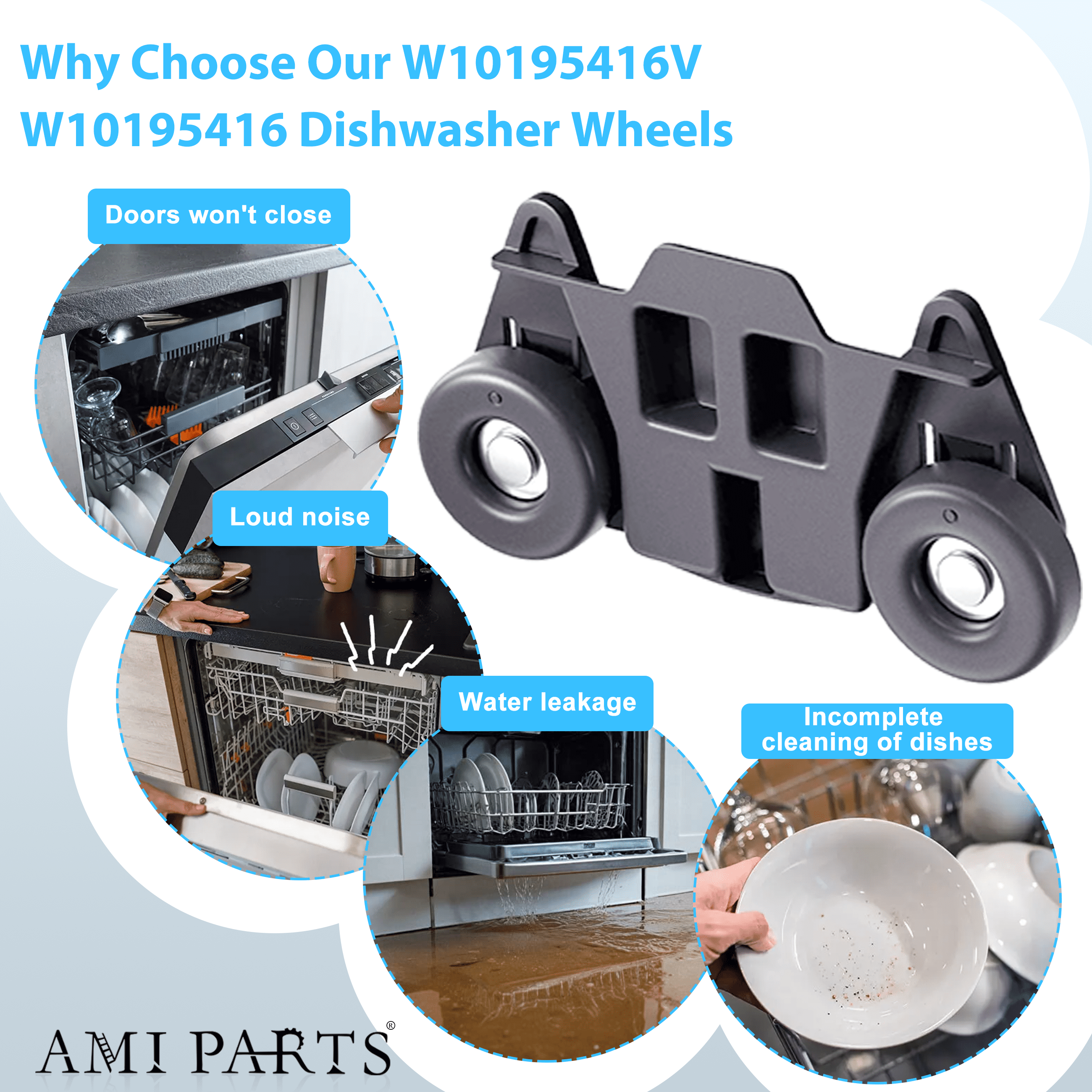AMI PARTS W10195416V Lower Wheel Dishwasher Dish Rack Roller for Whirlpool W10195416 W10195416VP