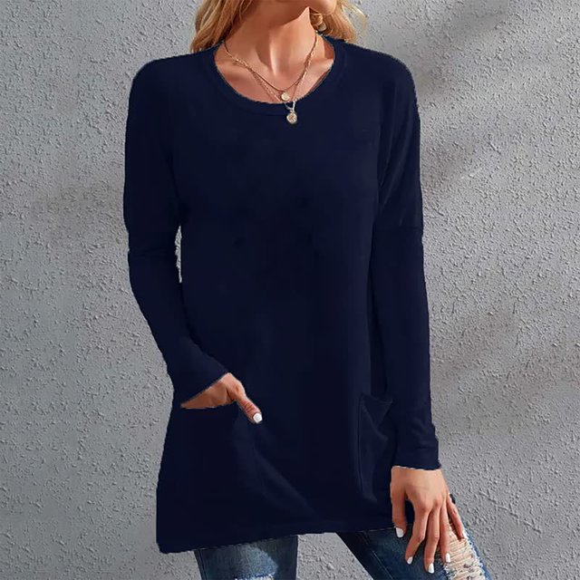 Camiseta túnica de manga larga, camiseta túnica de manga larga para mujer, cuello redondo, camiseta túnica de manga larga con bolsillos, confiable y duradera