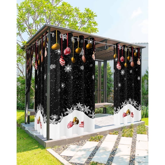 Outdoor Curtains for Patio, Black Christmas Waterproof Blackout Outside Curtain for Porch/Pergola/Gazebo, Xmas Balls White Snowflake Thermal Insulated Drapes for Cabana, 1 Panel, 54 x 95 Inch