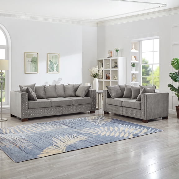 Modern Design Living Room Sofa 2 3 Seater Square armrest with Silver Nails Decoration Upholstered Velvet Couch Grey