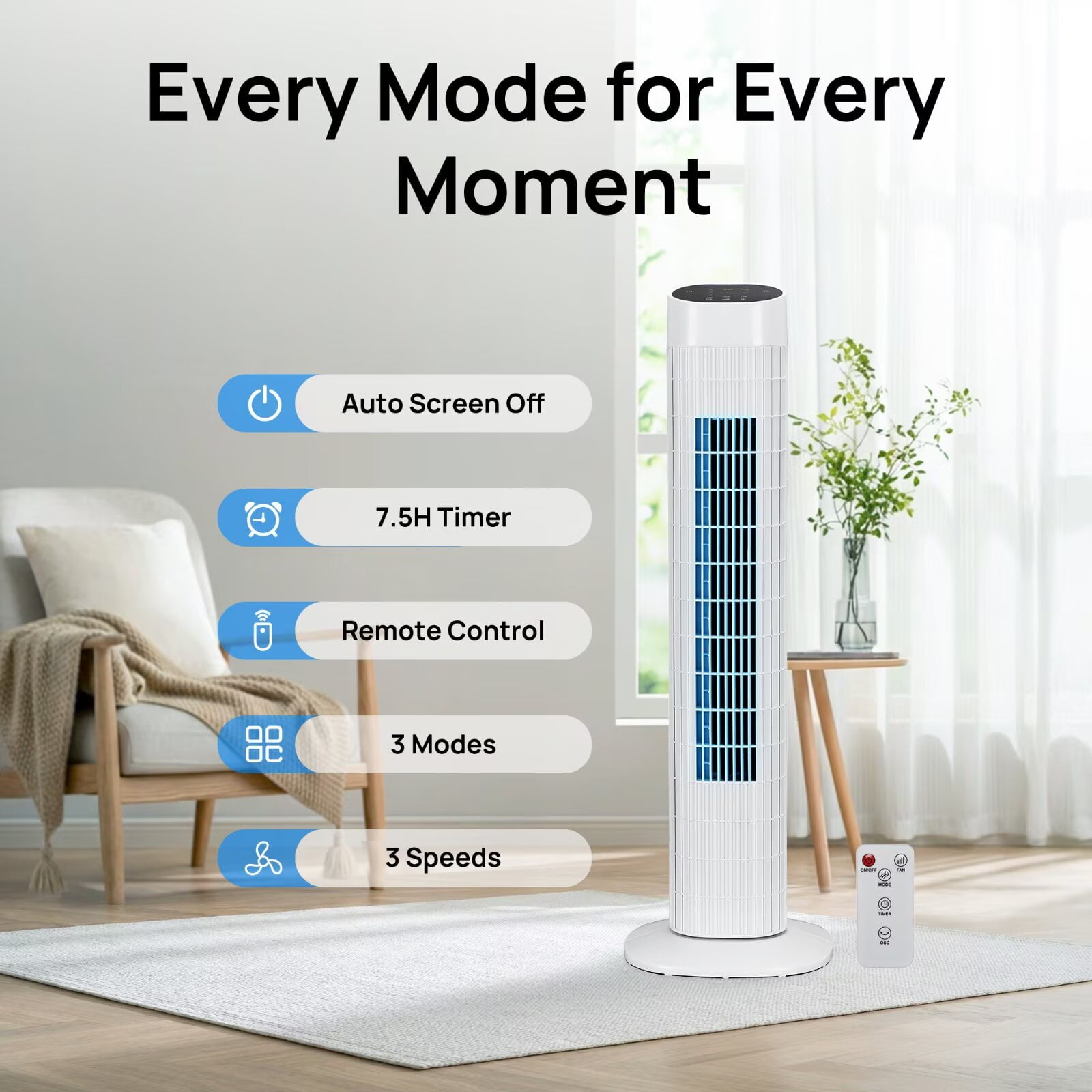 Tower Fan for Bedroom, 31" Oscillating Electric Fan with Remote, 3 Modes, Quiet Fan for Home, Office(White)