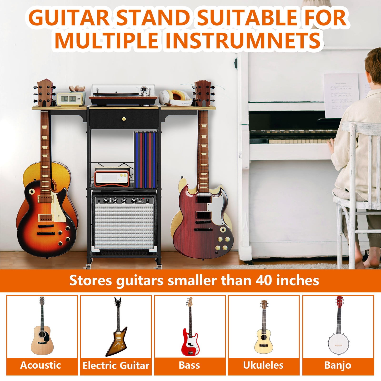 【Mulaibdin】Portable 3-Tier Rolling Guitar Stand with Amp Stand & Drawer, Spacious Organizer for Music Room, Bedroom & Living Room