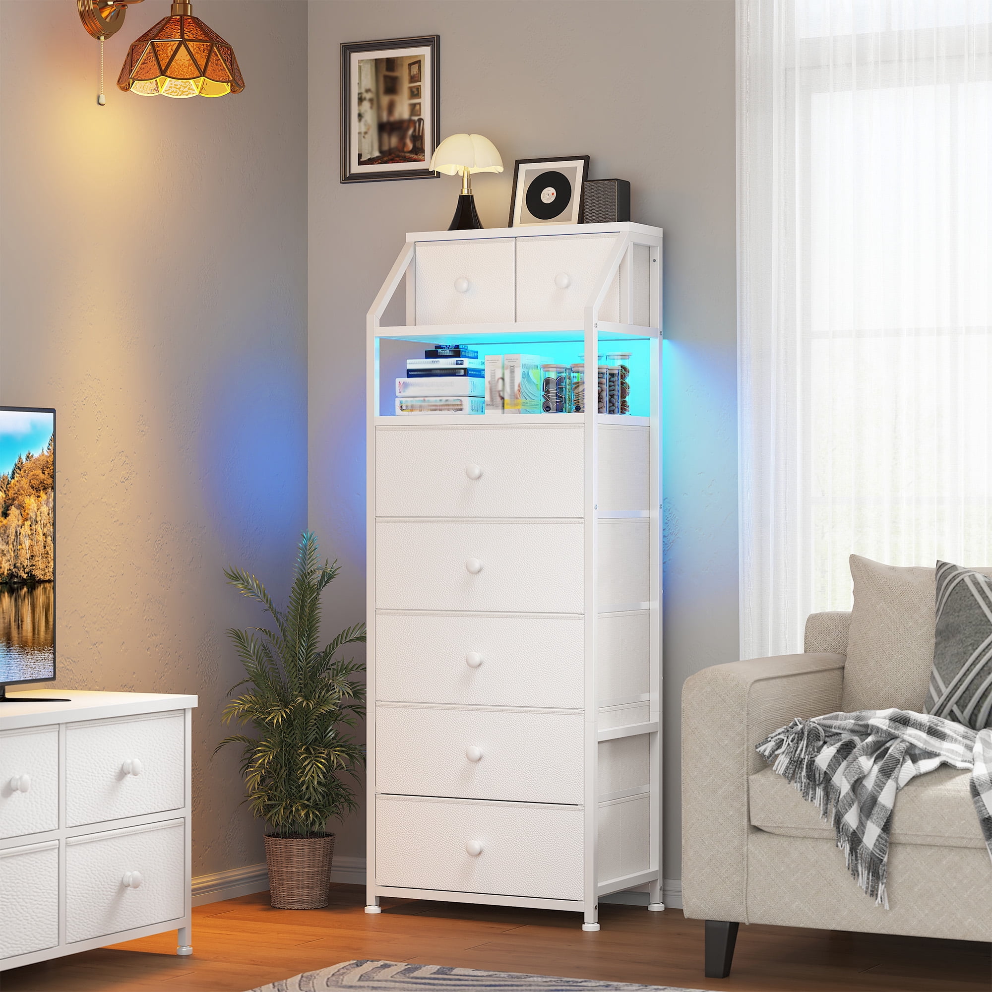 White Tall Dresser for Bedroom Dresser with LED Lights Tall Fabric Dresser with Open Wood Shelf,Tall Dresser of Metal Frame
