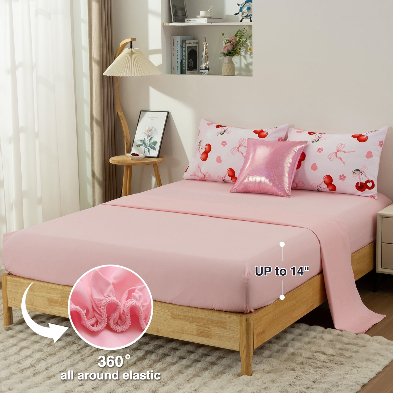 Btargot 6 Piece Bows Girls Twin Bedding Set Pink Cherry Love Hearts Flowers Girl Comforter Set