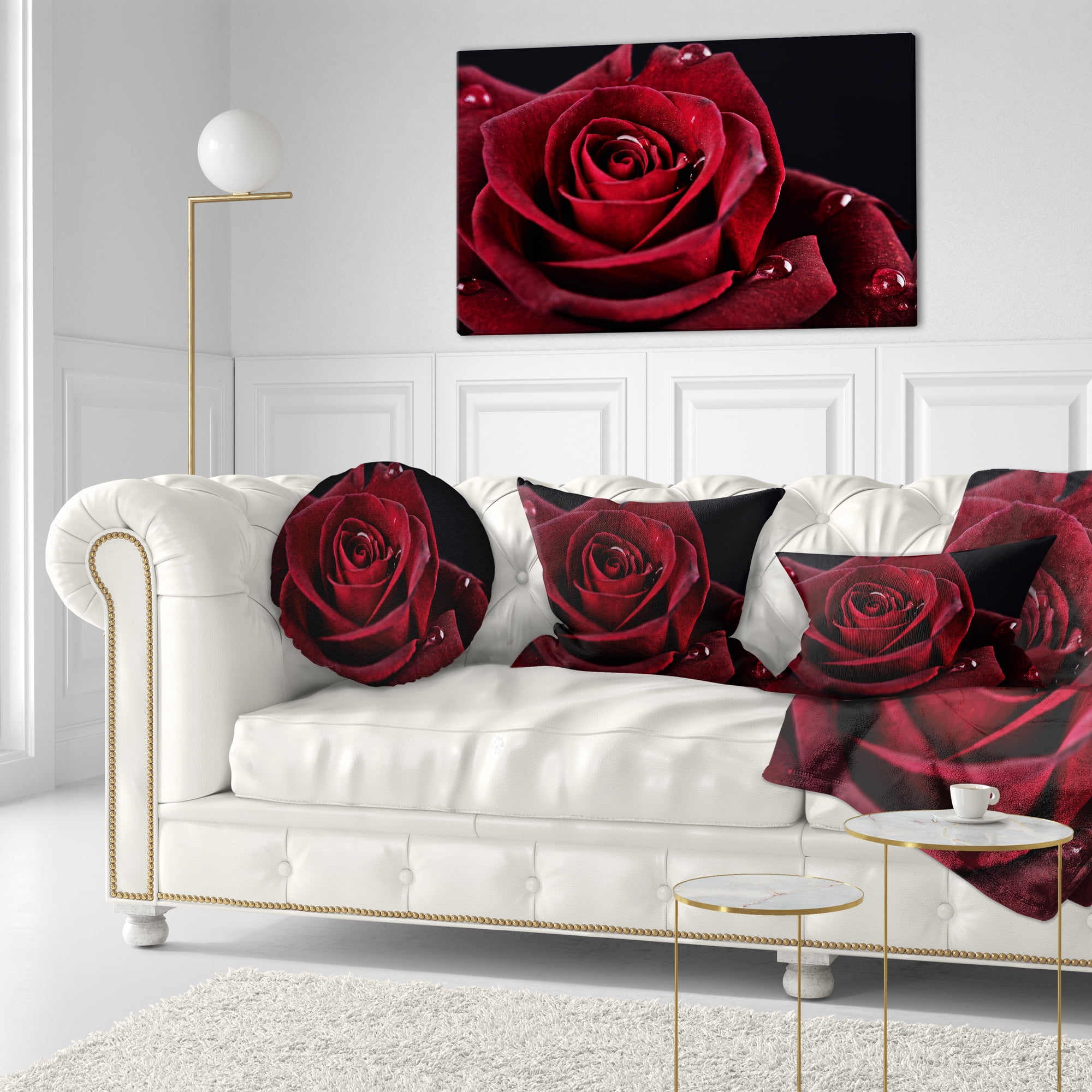 Designart Red Rose with Raindrops on Black - Flowers Throw Pillowwork - 12x20