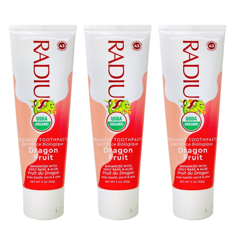 RADIUS USDA Organic Kids Toothpaste 3oz Non Toxic Chemical-Free Gluten-Free Designed to Improve Gum Health for Children's 6 Months and Up - Dragon Fruit - Pack of 3