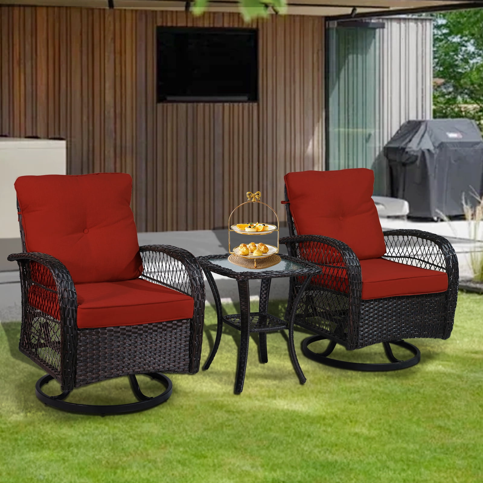 SHGJ&SOFT 3-Piece Patio Conversation Set with Thick Cushions and Glass Table, Modern PE Rattan Outdoor Furniture for Deck, Porch or Garden (Red)