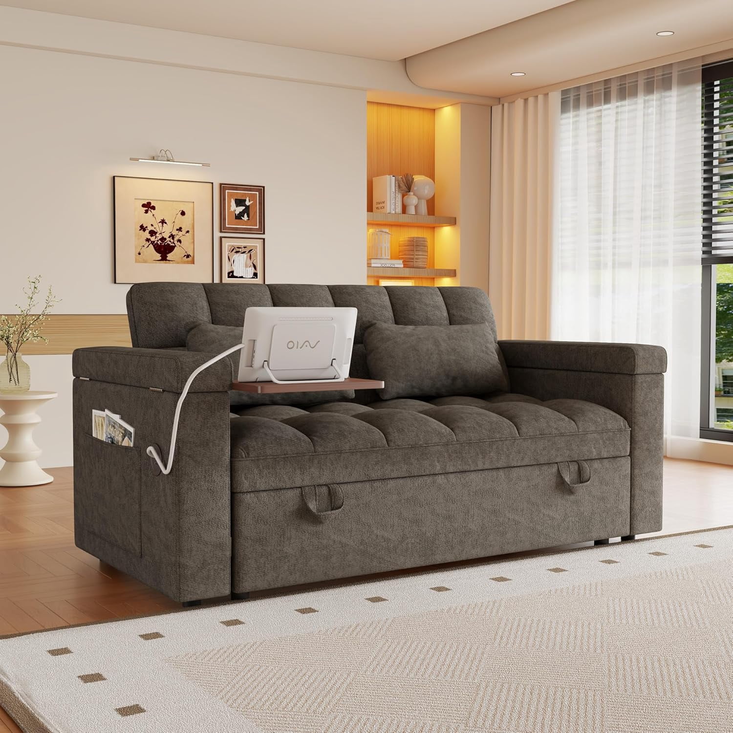 3 in 1 Convertible Sleeper Sofa,Sleeper Couch with Pull Out Bed, Storage Armrests and Laptop Table for Living Room,Sleeper Sofa, Pullout Couch Bed