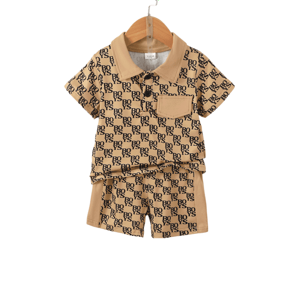 KIMI BEAR Toddler Boys Outfits Set 2T Toddler Boy Spring Summer Outfits 3T All Letter Prints Short Sleeve Lapel Polo WalkShorts 2PCS Set Khaki