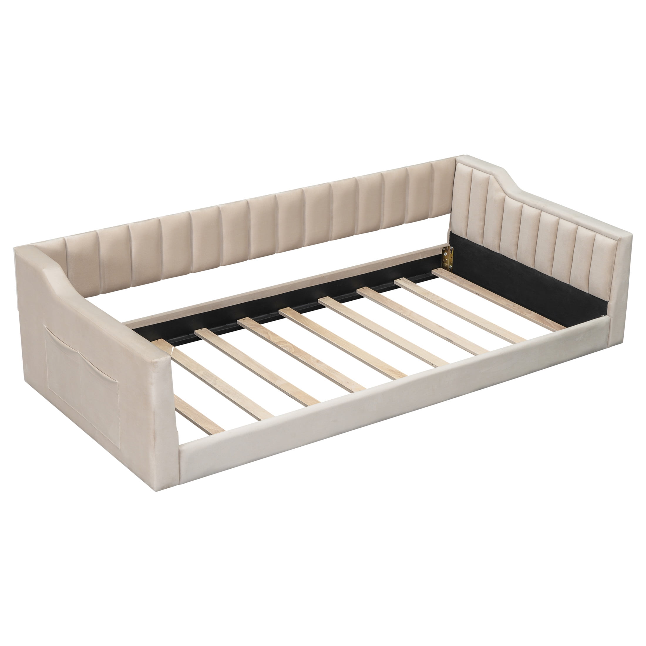 Noble House Twin XL Upholstered Daybed, Velvet Vertical Channel Tufting with Side Storage Pocket, Space Saving, Beige