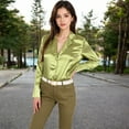 thumbnail image 6 of Women's Satin Button-Up Shirt with Collar and Flared Cuffs - Small, Green, 6 of 7