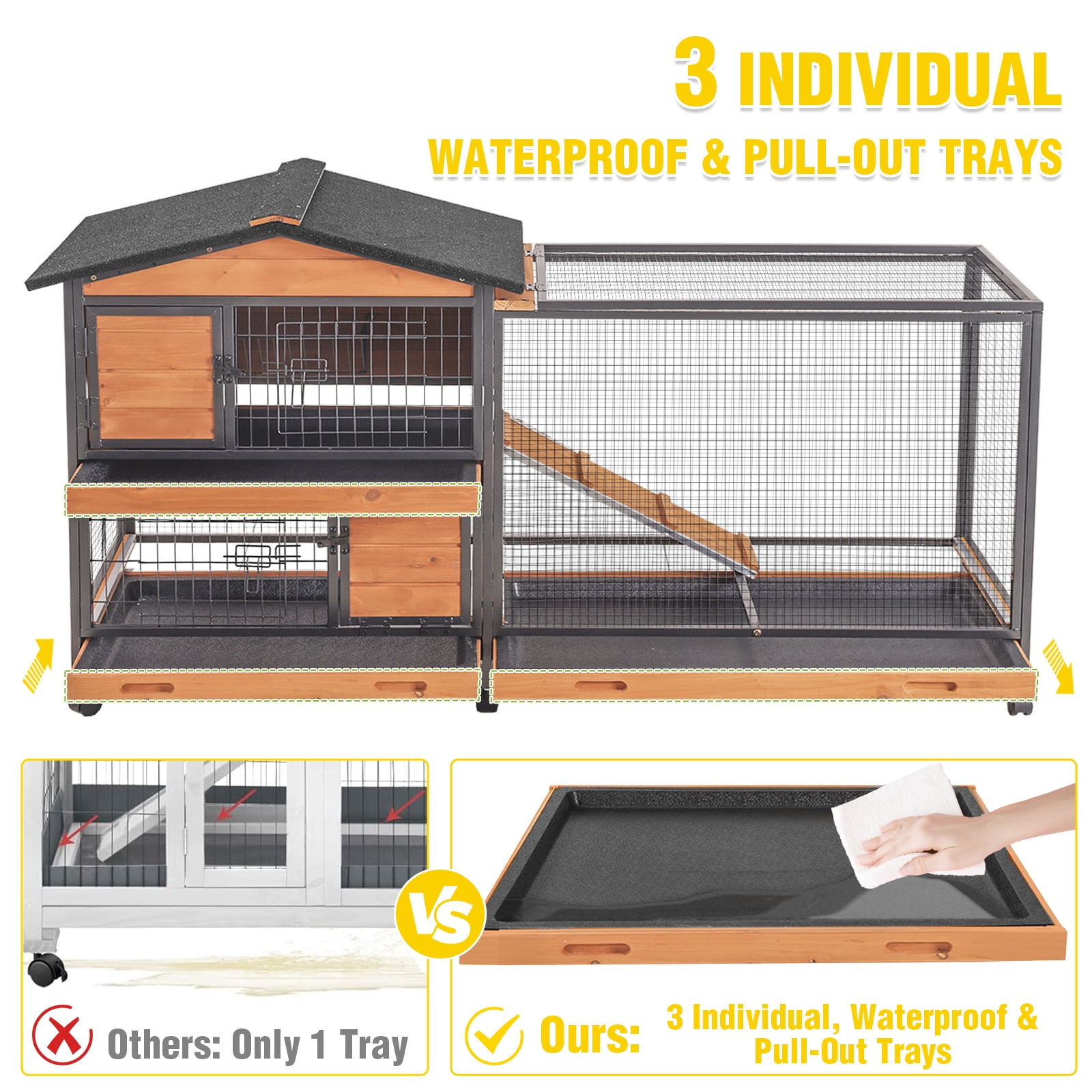 AIVITUVIN 2-Story Rabbit Hutch with Chew-Proof Full Metal Frame for Indoor/Outdoor - 62" Bunny Cage with 6 Locking Casters & 2 Pull-Out Trays for Rabbits, Guinea Pigs, Small Pets (Brown)