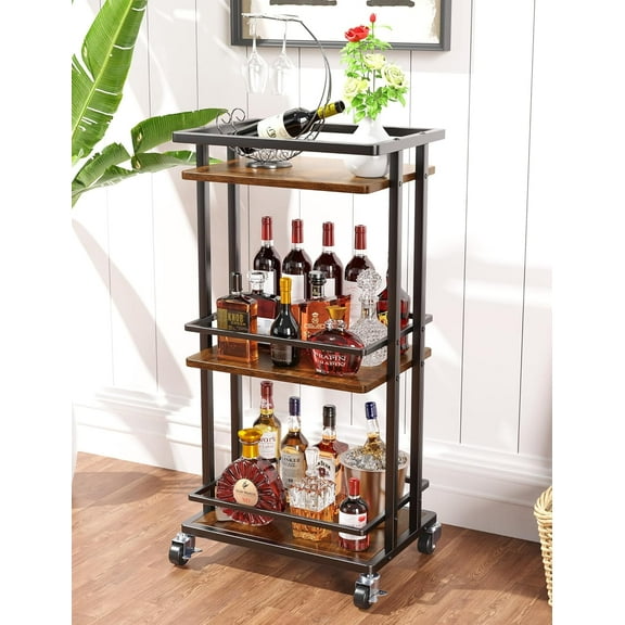 3 Tier Bar Cart for Home, Rolling Mini Liquor Bar for Wine Beverage Dinner Party, Utility Kitchen Storage Island Serving Cart on Wheels, Coffee Bar Cabinet for Kitchen Dining Living Room, Brown