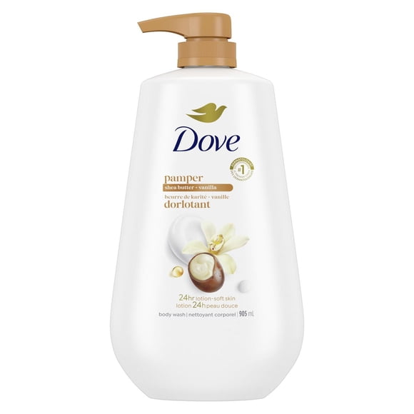 Dove Body Wash with Pump for 24hr Lotion-Soft Skin Pamper Shea Butter & Vanilla Moisturizing Skin Cleanser with No Sulfates No Parabens