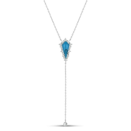 Manufactured Turquoise and White Cubic Zirconia Sterling Silver Rhodium Plated Long Rhombus Triangle Y Necklace, 18