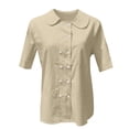 thumbnail image 2 of Womens Tops Dressy Casual Ladies' Cotton And Linen Shirt 2025 Solid Color Loose Double Breasted Lapel Casual Short Sleeved Blouse, 2 of 4