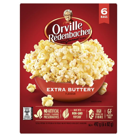 Orville Redenbacher Popcorn - Microwave Extra Buttery - 6 Bags, Non-GMO, whole grain microwave popcorn with a high source of fibre and gluten free