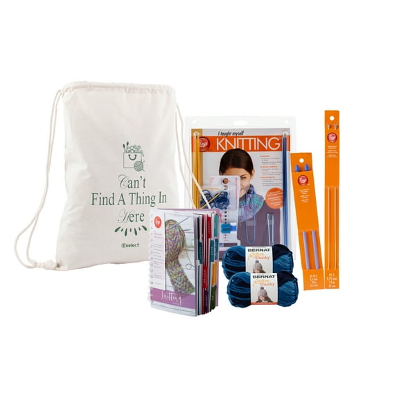 Eselect Knitting Bundle for Beginners - Boye Teach Yourself to Knit Kit, Bernat Softee Chunky Denim Ombre Yarn, Craft Bag, Boye 12-Month Planner, Knit Needles, Carabiners & More