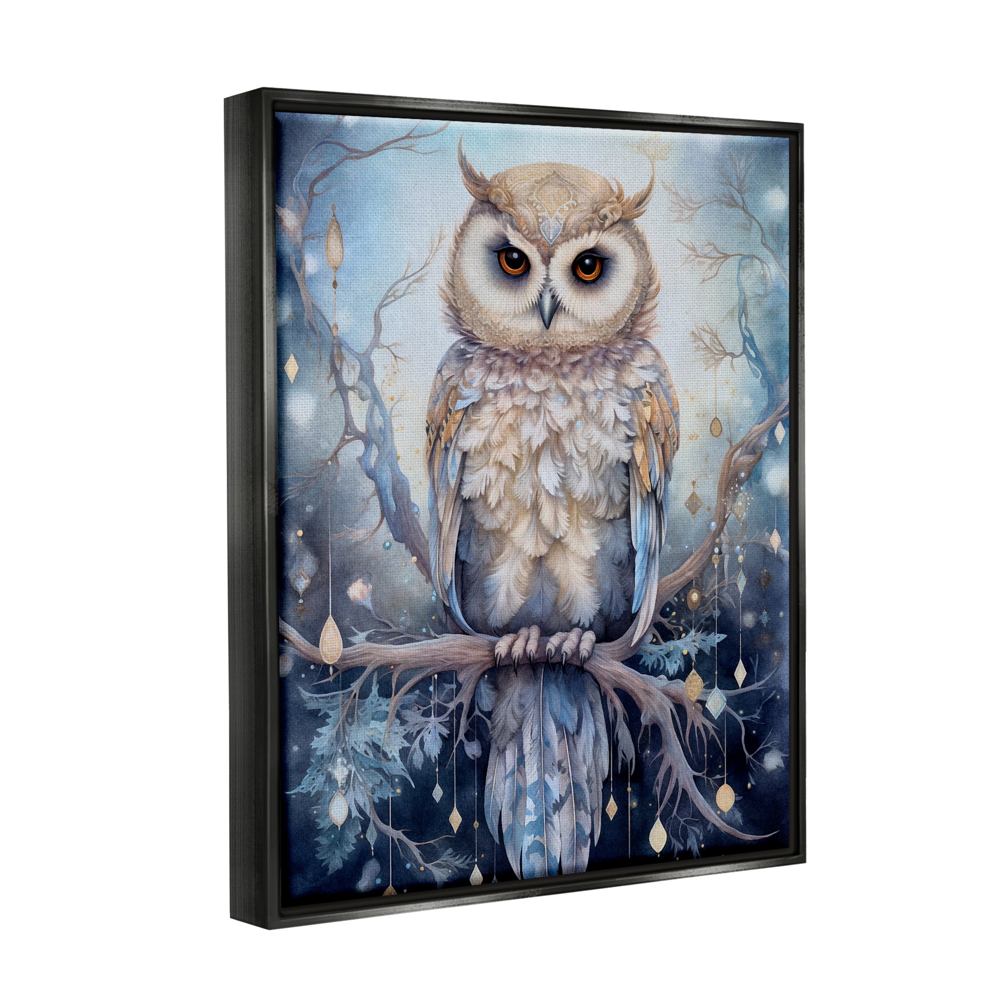 Stupell Industries Owl on Twinkling Branch Animals & Insects Painting Black Floater Framed Canvas Art Print Wall Art, 25 x 31